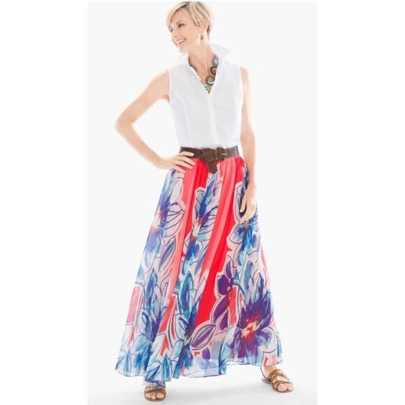 Chicos Tropical Floral Flowy Maxi Skirt Size 1/M  Elastic waist Vibrant Red Blue - Picture 8 of 9